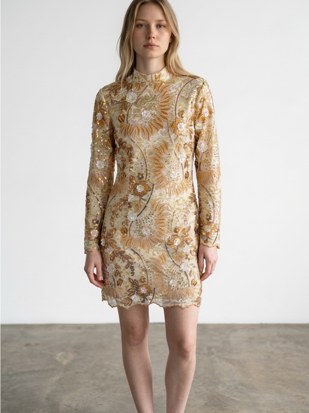 Anewsta Embellished and Beaded Gold Floral High-Neck Mini Dress NWT